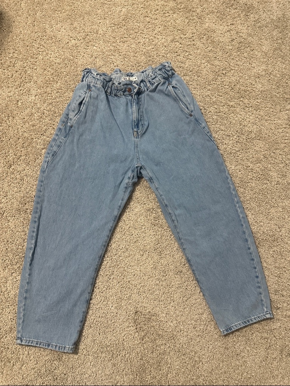 Zara Light Blue Paperbag Waist Cropped Jeans